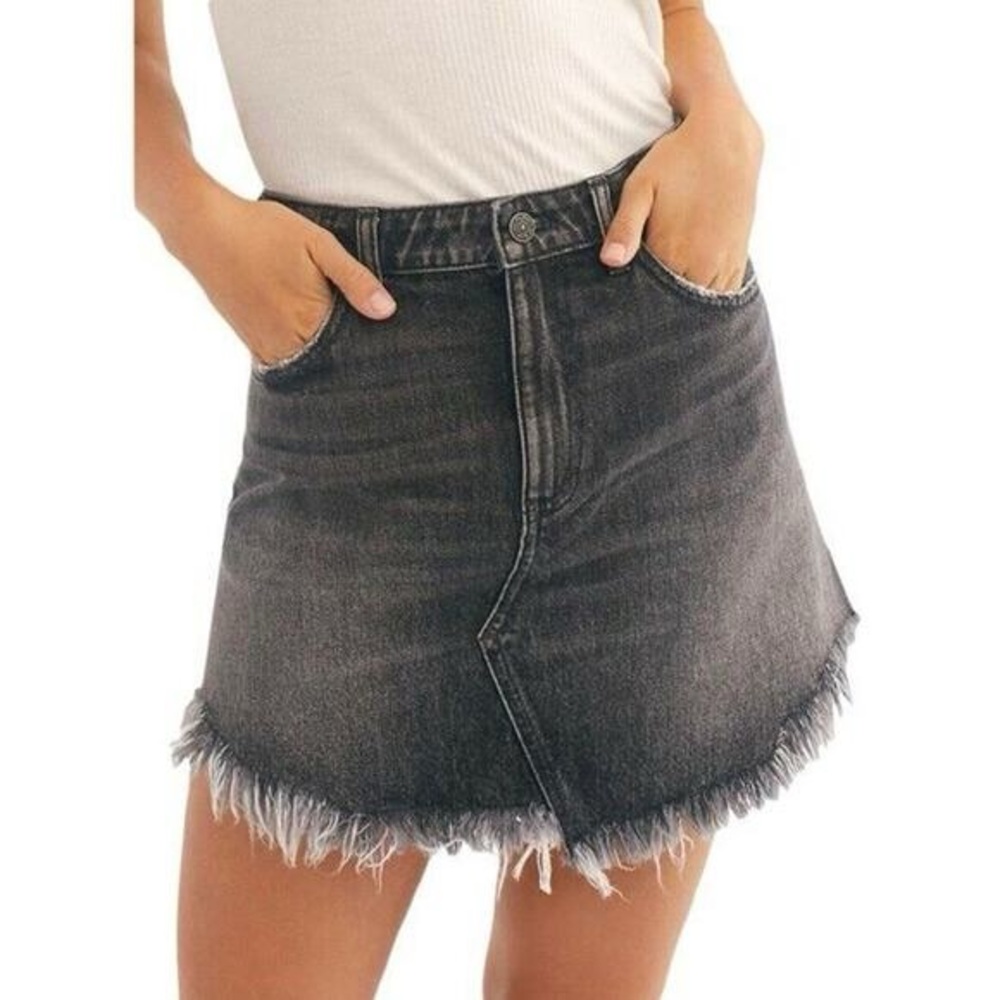 We The Free Free People Bailey denim mini skirt in black with a frayed hem